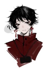 Rule 34 | 1boy, ?, black eyes, black hair, chinese commentary, closed mouth, commentary request, earrings, fox4477668, high collar, highres, jacket, jewelry, li yuting (male), looking at viewer, male focus, mole, mole under each eye, mole under eye, multiple moles, red jacket, short hair, simple background, solo, spoken question mark, sweat, touqi guaitan, white background