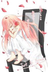 Rule 34 | 1girl, bare arms, bare shoulders, barefoot, chair, crying, dress, flower, highres, just be friends (vocaloid), long hair, megurine luka, nose, petals, pink hair, rose, sitting, solo, song name, strapless, strapless dress, tears, user ccvc5843, vocaloid, white dress