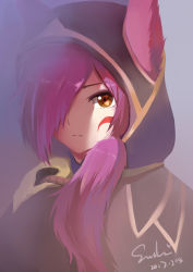 Rule 34 | 1girl, absurdres, animal ears, artist name, closed mouth, dated, facial mark, feathers, hair over one eye, half-closed eyes, highres, league of legends, looking at viewer, one eye covered, purple hair, side ponytail, solo, sush (sushi7023), xayah, yellow eyes