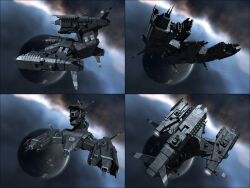 Rule 34 | 3d, battleship (eve online), caldari state (eve online), cannon, commentary, electronic warfare ship (eve online), eve online, floating, from above, from side, glowing, grey theme, highres, military, military vehicle, missile pod, multiple views, nebula, no humans, outdoors, planet, realistic, redesign, science fiction, scorpion (eve online), space, spacecraft, spaceship, spinner-vision, star (sky), thrusters, turret, vehicle focus
