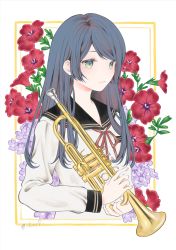 Rule 34 | 1girl, black hair, black sailor collar, blouse, blue hair, closed mouth, commentary, cropped torso, english commentary, eyebrows hidden by hair, flower, green eyes, highres, holding, holding instrument, instrument, long hair, long sleeves, looking away, neck ribbon, original, purple flower, red flower, red ribbon, ribbon, sailor collar, school uniform, serafuku, sheepd, shirt, solo, trumpet, two-tone background, upper body, white background, white shirt, yellow background