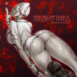 Rule 34 | 1girl, arched back, artist name, ass, blood, breasts, bubble head nurse, colored skin, darkmaya, dress, faceless, faceless female, from behind, gloves, grey skin, hat, heart, holding, holding weapon, lead pipe, looking at viewer, looking back, medium breasts, microdress, monster girl, no panties, nurse, nurse cap, shiny skin, shoes, short sleeves, silent hill, silent hill (series), silent hill 2, smoking pipe, solo, veins, weapon, white dress, white gloves