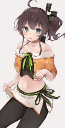 Rule 34 | 1girl, ahoge, bare shoulders, black bow, black pantyhose, blue eyes, blush, bow, breasts, brown hair, camisole, clothes lift, collarbone, green neckwear, grey background, hair between eyes, hair ornament, highres, hololive, lifting own clothes, long hair, looking at viewer, midriff, miniskirt, natsuiro matsuri, natsuiro matsuri (1st costume), navel, open mouth, pantyhose, pinstripe camisole, pinstripe pattern, ribbon, rippootai, side ponytail, simple background, sitting, skirt, skirt lift, small breasts, smile, solo, striped, virtual youtuber, white skirt