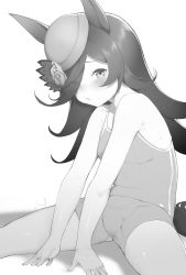 Rule 34 | 1girl, animal ears, bare shoulders, blush, eyes visible through hair, flower, greyscale, hair flower, hair ornament, hat, highres, horse ears, horse girl, horse tail, long hair, looking at viewer, looking to the side, messy hair, monochrome, parted lips, rice shower (umamusume), sidelocks, sitting, sleeveless, solo, spread legs, sweat, swept bangs, swimsuit, tail, teriibol, thighs, umamusume, white background