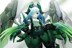 Rule 34 | 1girl, absurdres, aqua eyes, aqua hair, armored boots, armored gloves, artery gear, artery gear: fusion, boots, character request, claw (weapon), fang, hair flaps, hair over one eye, headgear, highres, jiang long bao, long hair, looking at viewer, machinery, mecha musume, sidelocks, sweater, weapon, white sweater