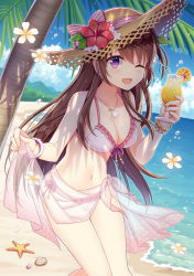 Rule 34 | 1girl, ;d, bangle, bare arms, bare shoulders, beach, bikini, blush, bracelet, breasts, brown hair, brown hat, cleavage, cloud, collarbone, cup, day, drinking glass, drinking straw, flower, front-tie bikini top, front-tie top, hat, hat flower, hitsuki rei, holding, jewelry, large breasts, long hair, looking at viewer, navel, necklace, ocean, one eye closed, open mouth, outdoors, palm tree, purple eyes, red flower, sarong, sidelocks, smile, snowdreams -lost in winter-, solo, standing, starfish, straw hat, sunlight, swimsuit, thighs, tree, tropical drink, very long hair, white bikini, white flower
