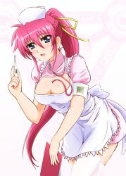 Rule 34 | 1girl, blue eyes, breasts, cleavage, diesel-turbo, digital thermometer, large breasts, long hair, lyrical nanoha, mahou shoujo lyrical nanoha, mahou shoujo lyrical nanoha a&#039;s, md5 mismatch, nurse, pink hair, ponytail, signum, solo, stethoscope, thermometer, thighhighs, white thighhighs