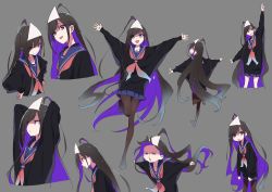 Rule 34 | &gt;:), 1girl, :d, = =, ahoge, arms behind head, arms up, black hair, black shirt, blue neckerchief, blue sailor collar, blue skirt, blush, brown pantyhose, closed eyes, closed mouth, collarbone, grey background, highres, long hair, long sleeves, multicolored hair, multiple views, neckerchief, no shoes, nose blush, open mouth, original, outstretched arms, pantyhose, parted lips, pleated skirt, puffy long sleeves, puffy sleeves, purple eyes, purple hair, red neckerchief, sailor collar, shirt, simple background, skirt, sleeves past wrists, smile, spread arms, standing, standing on one leg, tama (tama-s), tears, teeth, triangular headpiece, two-tone hair, upper teeth only, v-shaped eyebrows, very long hair, wavy mouth, white headwear, yurako-san (tama)