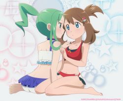 Rule 34 | 10s, 2016, 2girls, aqua eyes, aqua hair, artist name, ass, barefoot, blue eyes, blush, breasts, brown eyes, brown hair, bubble, choker, cleavage, creatures (company), crop top, face-to-face, game freak, green hair, hair ornament, hairclip, highres, lisia (pokemon), may (pokemon), may (pokemon oras), meiji, microskirt, midriff, multiple girls, navel, nintendo, parted lips, pleated skirt, poke ball, pokemon, pokemon oras, ponytail, seiza, sitting, skirt, sparkle, star (symbol), starry background, swimsuit, tank top, watermark, yuri