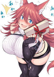 Rule 34 | 1girl, absurdres, animal ears, bare shoulders, belt, blue eyes, blush, box, breasts, elbow gloves, embarrassed, fang, fingerless gloves, firo (shun soku), fox ears, gloves, heart, highres, large breasts, midriff, original, red hair, ribbed sweater, short shorts, shorts, shun soku, solo, sweater, thighhighs, turtleneck, valentine