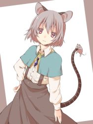 Rule 34 | 1girl, adapted costume, akagashi hagane, animal, animal ears, expressionless, grey hair, hand on own hip, jewelry, long sleeves, looking at viewer, mouse (animal), mouse ears, mouse tail, nazrin, necklace, red eyes, shawl, short hair, skirt, solo, suspenders, tail, touhou