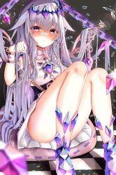 Rule 34 | 1girl, absurdres, ass, black corset, blush, chest jewel, commentary request, corset, detached collar, dress, fake wings, grey hair, hair between eyes, hair flaps, highres, hololive, hololive english, koseki bijou, koseki bijou (1st costume), long hair, looking at viewer, paw pose, pleated dress, pout, purple eyes, purple footwear, sidelocks, sitting, solo, strapless, strapless dress, thighs, very long hair, virtual youtuber, white dress, wings, zserty555
