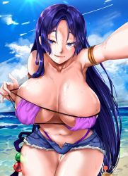 Rule 34 | :d, bad id, bad pixiv id, beach, bikini, blue eyes, blue hair, blush, breasts, clear sky, cloud, collarbone, day, eyebrows, eyebrows hidden by hair, eyelashes, eyepatch bikini, fate/grand order, fate (series), foxyreine, hair ornament, highres, large breasts, lips, long hair, looking at viewer, low-tied long hair, minamoto no raikou (fate), navel, ocean, open mouth, patreon, patreon logo, sand, selfie, shiny skin, short shorts, shorts, signature, sky, smile, solo, sun, sunlight, sweat, swimsuit, thick thighs, thigh gap, thighs, thong, tongue, tongue out, very long hair, water, watermark, waves, web address