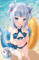 Rule 34 | 1girl, bare shoulders, bikini, blue bikini, blue eyes, blue hair, brown background, collarbone, commentary, double bun, english commentary, fingers together, fins, fish tail, gawr gura, grey hair, hair bun, halterneck, highres, hitsukuya, hololive, hololive english, index fingers together, inflatable armbands, innertube, looking at viewer, multicolored hair, navel, shark tail, sidelocks, simple background, solo, streaked hair, swim ring, swimsuit, tail, thigh gap, two side up, virtual youtuber, wavy mouth