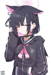 Rule 34 | 1girl, animal ears, black choker, black hair, black jacket, blue archive, cat ears, choker, closed mouth, commentary, extra ears, halo, hand in pocket, highres, jacket, kazusa (blue archive), long sleeves, multicolored hair, myeolchi, one eye closed, pink hair, pink halo, red eyes, school uniform, serafuku, solo, two-tone hair, upper body