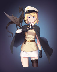 Rule 34 | 1girl, absurdres, arm up, arnold-s, asymmetrical gloves, asymmetrical legwear, bad id, bad pixiv id, beige coat, belt, black gloves, black thighhighs, blonde hair, blue eyes, buttons, capelet, clenched hands, closed mouth, coat, cross, dragon, garter straps, gloves, gradient background, hat, highres, iron cross, looking at viewer, military, military uniform, peaked cap, shirt, short hair, single thighhigh, smile, tassel, thighhighs, uneven gloves, uneven legwear, uniform, warship girls r, white hat, white shirt, z16 friedrich eckoldt (warship girls r)