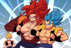 abs blue_eyes blue_sash body_fur commentary dragon_ball dragon_ball_gt dragon_ball_super dragon_ball_super_broly dragonball_z gogeta halo metamoran_vest monkey_boy monkey_tail multiple_boys muscular muscular_male nanika_(nnkgh) pants red_fur red_hair sash smile spiked_hair super_saiyan super_saiyan_1 super_saiyan_4 super_saiyan_blue symbol-only_commentary tail white_pants