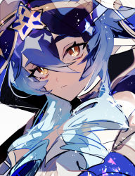 Rule 34 | 1girl, blue hair, bright pupils, drill hair, drill sidelocks, expressionless, genshin impact, hair between eyes, hair over shoulder, highres, hood, hood up, layla (genshin impact), long hair, looking at viewer, loomyoi2, pointy ears, portrait, sidelocks, solo, star (symbol), star print, white background, white pupils, yellow eyes