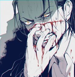 Rule 34 | 1boy, black hair, blood, blood on face, clenched teeth, hand up, highres, injury, male focus, one piece, partially colored, scar, scar on face, crocodile (one piece), solo, teeth, ukari, yellow eyes