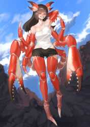 Rule 34 | 1girl, absurdres, arm behind head, arm up, arthropod girl, arthropod limbs, black shorts, blue background, blue eyes, blue sky, breasts, brown background, brown hair, carapace, cloud, cloudy sky, colored skin, commission, crab girl, extra arms, full body, grin, groin, highres, large breasts, long hair, looking at viewer, monster girl, multicolored background, multicolored skin, original, outdoors, pincers, red skin, sharp teeth, short shorts, shorts, skeb commission, sky, smile, solo, standing, strap slip, sumosamo, tank top, teeth, white tank top