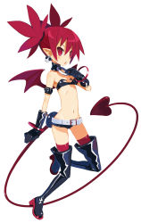 Rule 34 | 1girl, arm strap, bare shoulders, bat wings, belt, belt skirt, black gloves, black thighhighs, blush, boots, bracelet, choker, demon girl, demon tail, disgaea, disgaea d2, earrings, etna (disgaea), flat chest, full body, gloves, groin, hair between eyes, harada takehito, high heel boots, high heels, highres, hip focus, holding, jewelry, leather, leg up, legs, long image, looking at viewer, midriff, navel, official art, open mouth, pointy ears, red eyes, red hair, red thighhighs, red wings, short hair, short shorts, short twintails, shorts, simple background, skinny, skull, solo, strapless, tail, tall image, thigh boots, thighhighs, thighs, tube top, twintails, white background, wings