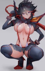 Rule 34 | 1girl, absurdres, alternate breast size, black hair, blue eyes, boots, breasts, closed mouth, full body, grey background, hair between eyes, hair ornament, high heel boots, high heels, highres, holding, holding weapon, kataku musou, kill la kill, large breasts, looking at viewer, matoi ryuuko, microskirt, multicolored hair, navel, over shoulder, red hair, revealing clothes, short hair, skirt, smile, solo, spread legs, squatting, stomach, suspenders, thigh boots, thighhighs, thighs, weapon, weapon over shoulder