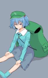 Rule 34 | 1girl, backpack, bag, blue eyes, blue footwear, blue hair, blue shirt, blue skirt, closed mouth, commentary, flat cap, full body, grey background, hair bobbles, hair ornament, hat, highres, kakone, kawashiro nitori, key, long sleeves, looking at viewer, one-hour drawing challenge, pocket, shirt, short hair, simple background, sitting, skirt, smile, solo, touhou, two side up