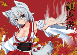 Rule 34 | 1girl, :3, absurdres, animal ears, autumn leaves, bare shoulders, bell, breasts, cleavage, collarbone, detached sleeves, hand fan, grey eyes, highres, inubashiri momiji, japanese clothes, large breasts, leaf, looking at viewer, mint (cerbi), no headwear, red background, sarashi, short hair, silver hair, solo, tail, team shanghai alice, touhou, translation request, wolf ears, wolf tail