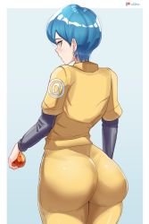 Rule 34 | 1girl, artist name, ass, ball, blue eyes, blue hair, blush, bodysuit, bulma, capsule corp, curvy, dragon ball, dragon ball (object), dragon ball super, dragon ball super super hero, earrings, from behind, highres, holding, holding ball, huge ass, jewelry, long sleeves, mature female, o22no, pantylines, short hair, skin tight, thick thighs, thighs, wide hips, yellow bodysuit