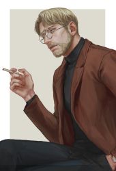 Rule 34 | 1boy, beard, beige background, black pants, blazer, blonde hair, blue eyes, cigarette, expressionless, facial hair, feet out of frame, from side, glasses, hand in pocket, hand up, highres, holding, holding cigarette, jacket, looking to the side, male focus, mustache, otakumi (user krmf7787), pants, parted bangs, parted lips, round eyewear, shingeki no kyojin, short hair, sitting, solo, turtleneck, two-tone background, watch, zeke yeager