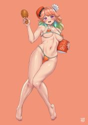 Rule 34 | 1girl, bikini, blush, breasts, bucket of chicken, chef hat, chicken (food), chicken leg, commentary request, earrings, feather earrings, feathers, finalcake, food, fried chicken, gradient hair, hat, highres, holding, holding food, hololive, hololive english, holomyth, jewelry, large breasts, long hair, looking at viewer, micro bikini, multicolored hair, navel, orange bikini, orange hair, orange hat, purple eyes, shiny skin, solo, swimsuit, takanashi kiara, virtual youtuber