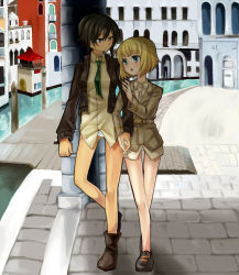 Rule 34 | 147, 2girls, blonde hair, blue eyes, blush, brown hair, building, city, dominica s. gentile, holding hands, jane t. godfrey, military, military uniform, multiple girls, necktie, open mouth, panties, short hair, strike witches, strike witches: kurenai no majo-tachi, underwear, uniform, water, world witches series, yuri
