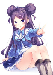 1girl, :o, absurdres, arm support, ass, bangs, blue bow, blue neckwear, blue ribbon, blue shirt, blue skirt, blush, bow, breasts, commentary request, double bun, eyebrows visible through hair, feet out of frame, hair ornament, heart, heart hair ornament, highres, kanzakietc, knees up, leg warmers, long hair, long sleeves, looking at viewer, ochikobore fruit tart, parted bangs, petticoat, puffy sleeves, purple eyes, purple hair, ribbon, sekino roko, shirt, sidelocks, simple background, sitting, skirt, small breasts, solo, v, very long hair, white background