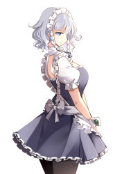 Rule 34 | 1girl, apron, back, back bow, belt, blue eyes, bow, bowtie, braid, breasts, brown pantyhose, closed mouth, collar, collared dress, dress, from behind, grey belt, grey bow, grey bowtie, grey dress, grey hair, hair between eyes, highres, izayoi sakuya, looking at viewer, maid, maid headdress, medium breasts, pantyhose, puffy short sleeves, puffy sleeves, raptor7, short hair, short sleeves, simple background, smile, solo, standing, touhou, twin braids, white apron, white background, wrist cuffs