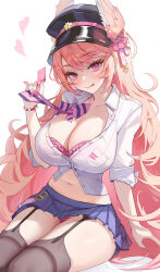 Rule 34 | 1girl, :p, absurdres, azur lane, blush, bow, bowtie, bra, bra peek, breasts, cleavage, condom, condom wrapper, crop top, garter straps, gyaru, hat, heart, highres, holding, holding condom, large breasts, long hair, md5 mismatch, miniskirt, nachi (azur lane), panties, pantyshot, partially unbuttoned, peaked cap, pink eyes, pink hair, pink nails, sitting, skirt, solo, ssr (azmr2828), striped, striped bow, striped bowtie, thighhighs, thighs, tongue, tongue out, underwear, very long hair, wing hair ornament
