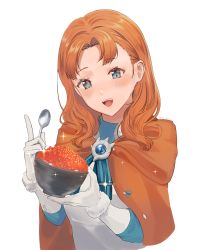 Rule 34 | 1girl, :d, absurdres, annette fantine dominic, blue eyes, blush, bowl, cape, fire emblem, fire emblem: three houses, food, fur-trimmed gloves, fur trim, gloves, highres, holding, holding bowl, holding spoon, index finger raised, long hair, looking at viewer, niko (aiai03012), nintendo, open mouth, orange cape, orange hair, parted bangs, simple background, smile, solo, sparkle, spoon, upper body, white background, white gloves