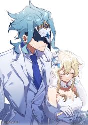 Rule 34 | 1boy, 1girl, :3, ^ ^, absurdres, alternate costume, artist name, bare shoulders, blonde hair, blue hair, blue necktie, breasts, bridal veil, bride, buttons, cleavage, closed eyes, closed mouth, collared shirt, commentary, covered eyes, dottore (genshin impact), dress, dress shirt, earrings, elbow gloves, english commentary, eye mask, feather hair ornament, feathers, flower, formal, genshin impact, gloves, groom, hair between eyes, hair flower, hair ornament, hand up, highres, holding hands, jacket, jewelry, kradebii, large breasts, long sleeves, lumine (genshin impact), mask, medium hair, necktie, open clothes, open jacket, shirt, short hair with long locks, sidelocks, simple background, smile, standing, strapless, strapless dress, veil, wedding dress, white background, white dress, white flower, white gloves, white jacket, white shirt