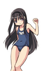 Rule 34 | 10s, 1girl, akemi homura, bad id, bad pixiv id, black hair, blush, hairband, kyabechi, long hair, mahou shoujo madoka magica, mahou shoujo madoka magica (anime), navel, one-piece swimsuit, parted lips, purple eyes, school swimsuit, simple background, solo, swimsuit, thigh gap, translation request, white background