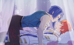 Rule 34 | 2boys, alcryst (fire emblem), alear (fire emblem), alear (male) (fire emblem), bed, blue eyes, blue hair, closed mouth, curtains, fire emblem, fire emblem engage, hair between eyes, hair ornament, hairclip, long sleeves, looking at another, lying, male focus, multiple boys, nintendo, on back, red eyes, shirt, short hair, unkmantare, white shirt, yaoi
