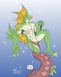 Rule 34 | 1boy, abs, aulbath, blue eyes, brazil, capcom, claws, colored skin, dorsal fin, emoticon, fins, green skin, head fins, imminent rape, male focus, merman, monster boy, muscular, reho rakuti, solo focus, tentacles, tentacles on male, underwater, vampire (game), webbed hands, you gonna get raped