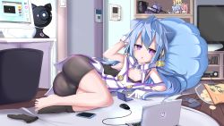 Rule 34 | 10s, 1boy, absurdres, ass, bare shoulders, barefoot, bike shorts, blue hair, blush, chips (food), computer, controller, display, food, game controller, gloves, hacka doll, hacka doll 1, hacka doll 2, hacka doll 3, highres, laptop, long hair, lying, male focus, messy room, open mouth, pillow, potato chips, shiny skin, shirt, socks, solo, stuffed toy, trap, xiaobai (cheng pan)