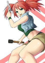 Rule 34 | 1girl, absurdres, blue vest, breasts, candy, explosive, food, green eyes, green shirt, grenade, gun, highres, holding, holding gun, holding weapon, large breasts, lollipop, looking at viewer, metal slug, nadia cassel, navel, open mouth, red hair, shirt, shorts, solo, tofu (killer150), tongue, tongue out, two side up, vest, weapon, white background