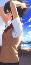 Rule 34 | 1girl, arms up, black hair, black skirt, blue sky, blush, bow, bowtie, breasts, brown eyes, brown sweater vest, cloud, commentary request, day, from side, gnns, hair ribbon, highres, indoors, kimi no na wa., miyamizu mitsuha, mountain, open mouth, red bow, red bowtie, ribbon, school uniform, shirt, short sleeves, skirt, sky, small breasts, solo, summer uniform, sweater vest, white shirt, window