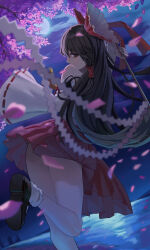 Rule 34 | 1girl, absurdres, arm up, as5267325aa, ass, bare legs, bare shoulders, black hair, blurry, brown eyes, cherry blossoms, closed mouth, cloud, commentary, depth of field, detached sleeves, floating hair, foot out of frame, from behind, full moon, gohei, hakurei reimu, highres, holding, holding stick, light blush, long hair, long sleeves, looking back, moon, night, night sky, pleated skirt, profile, red eyes, red skirt, skirt, sky, solo, standing, standing on one leg, stick, touhou, very long hair, wide sleeves