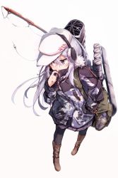 Rule 34 | 1girl, alternate costume, beize (garbage), black pantyhose, blue eyes, boots, brown footwear, camouflage, camouflage jacket, earmuffs, fishing line, fishing rod, hair between eyes, hammer and sickle, hat, hibiki (kancolle), highres, jacket, kantai collection, long hair, long sleeves, pantyhose, silver hair, simple background, solo, verniy (kancolle), white hat