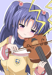 Rule 34 | 1girl, blazer, blue background, blue hair, blush, bow (music), clannad, closed mouth, commentary, hair bobbles, hair ornament, half-closed eyes, hands up, happy, head tilt, highres, hikarizaka private high school uniform, holding, holding bow (music), holding instrument, ichinose kotomi, instrument, jacket, long hair, long sleeves, looking down, music, playing instrument, purple eyes, sailor collar, school uniform, serafuku, silky (silky illust), simple background, smile, solo, split mouth, two side up, upper body, violin, white sailor collar, yellow jacket