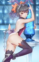Rule 34 | 1girl, animal ears, ass, backless outfit, bare arms, black hair, braid, closed mouth, fake animal ears, from side, gradient hair, hair intakes, hairband, high heels, highres, kaze fukeba nanashi, lens flare, leotard, looking at viewer, multicolored hair, nail polish, ponytail, purple hair, purple hairband, purple leotard, purple thighhighs, rabbit ears, red eyes, red nails, solo, strapless, strapless leotard, symonne (tales), tales of (series), tales of zestiria, thighhighs, thighs, white footwear