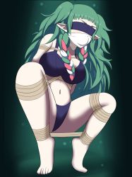 Rule 34 | 1girl, arms behind back, bad anatomy, ball gag, bare shoulders, bdsm, blindfold, blue panties, bondage, bound, breasts, brown rope, cloth gag, dankestofdans, feet, female focus, fire emblem, fire emblem: three houses, gag, gagged, green background, green hair, highres, improvised gag, intelligent systems, large breasts, layered gags, long hair, multicolored hair, navel, nintendo, panties, pink hair, pointy ears, rope, shiny skin, solo, sothis (fire emblem), spread legs, thick thighs, thighs, twintails, underwear, variant set, white hair