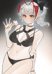 Rule 34 | 1girl, absurdres, alternate hairstyle, antenna hair, arknights, black bra, black choker, black panties, bra, breasts, choker, cleavage, closed mouth, demon horns, food, gradient background, grey background, highres, holding, holding food, horns, ice cream, ice cream cone, large breasts, long hair, looking at viewer, multicolored hair, navel, panties, piercing, red eyes, red hair, rp wzl, solo, stomach, two-tone hair, underwear, underwear only, w (arknights)