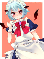 Rule 34 | 1girl, alternate costume, apron, bad id, bad pixiv id, bat wings, blue hair, blush, bow, brooch, cosplay, detached wings, enmaided, female focus, head wings, heart, highres, izayoi sakuya, izayoi sakuya (cosplay), jewelry, maid, maid apron, maid headdress, mini wings, red eyes, remilia scarlet, short hair, solo, touhou, wings, yutazou